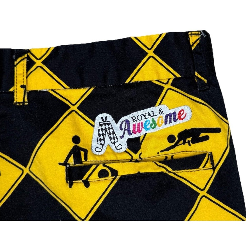 Royal & Awesome Golf Shorts Men's 36 Black Yellow Caution Argyle Hazard Novelty
